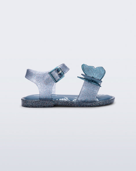 Side view of a glitter blue baby Butterfly Sandals with blue butterfly