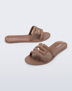 Side and angled view of a pair of brown M Slide sandals