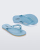 Top and angled view a pair of blue Flip Flop Airflow sandals with a clear blue strap and yellow bottom