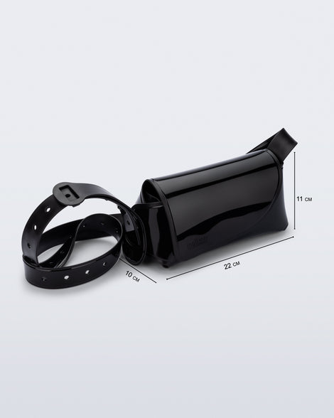 Angled view of a black Cross Bag with adjustable strap and bag measurements of 22cm x 10xm x 11cm