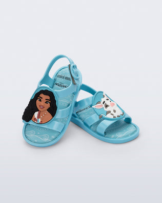 Angled view of a pair of blue Colorland Moana baby sandals