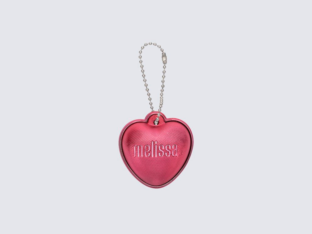 Small metallic pink heart keychain with Melissa logo