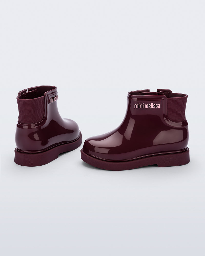 Back and side view of a pair of burgundy Chelsea II baby boots