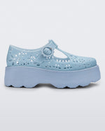 Side view of a blue Kick Off Lace women's platform shoe with buckle.