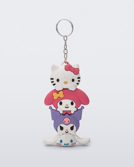 Front view of a Hello Kitty + Friends charm keychain with Hello Kitty and two friends