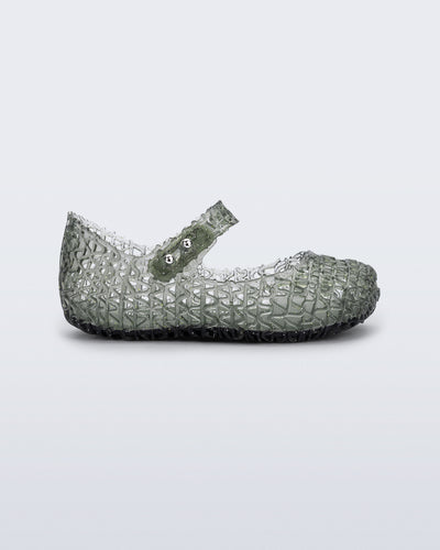 Side view of a glitter green Campana baby flat