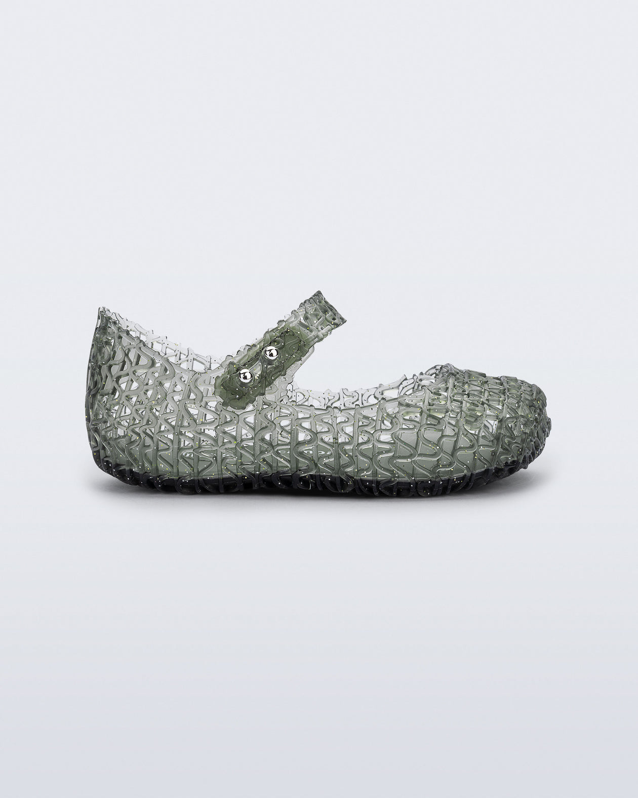 Side view of a glitter green Campana baby flat