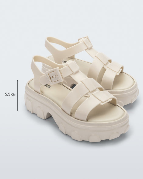 Front view of a pair of green Ella women's platform sandals showing the platform height at 5.5 cm