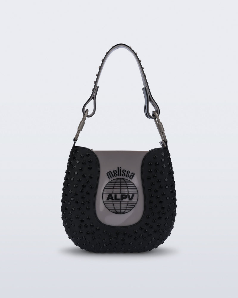 Front view of a black Nina Bag + Alexandre Pavao shoulder bag with grey accents