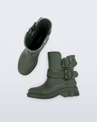 Top and side view of a pair of green Bang Boots with two side buckles
