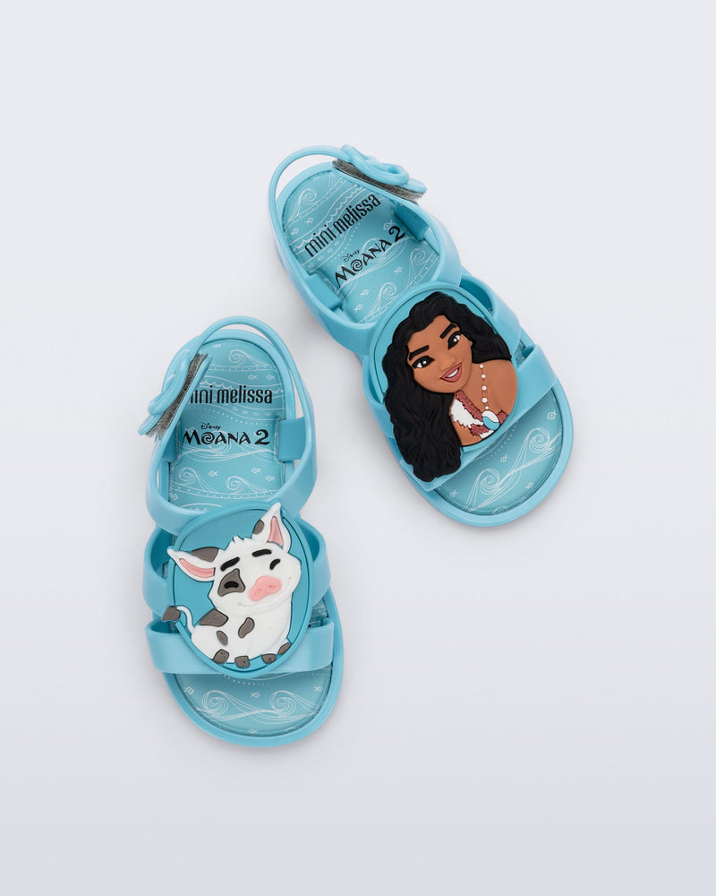 Top view of a pair of blue Colorland Moana baby sandals