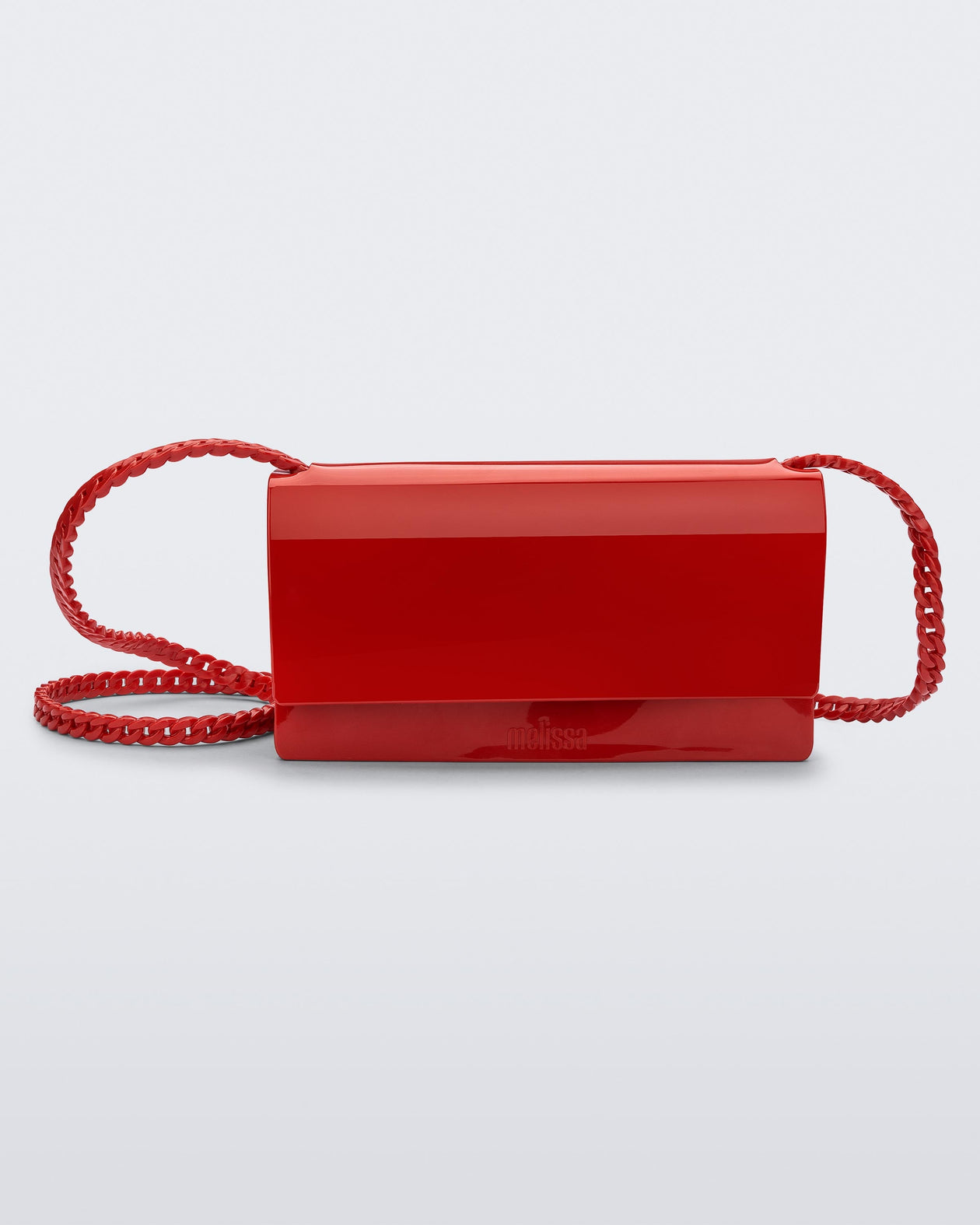 Front view of the Melissa party handbag in red with braided strap.