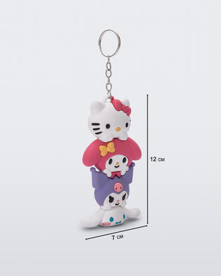 Angled view of a Hello Kitty + Friends charm keychain with Hello Kitty and two friends with measurements 7cm X  12 cm