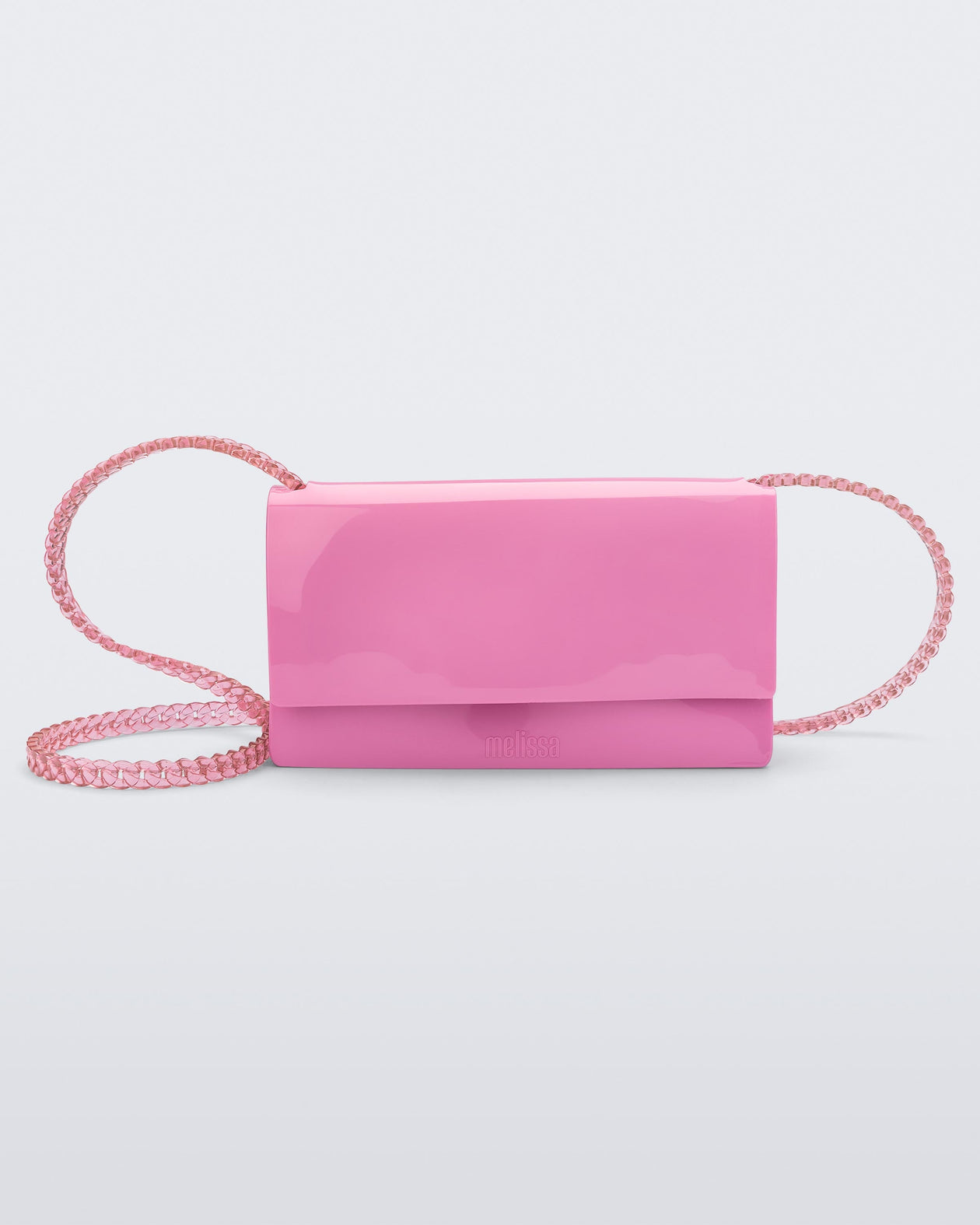 Front view of the Melissa party handbag in pink with braided strap.