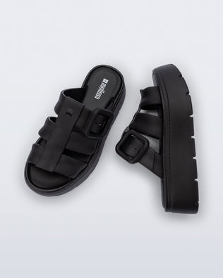 Top and side view of a pair of black Pump Platform sandals