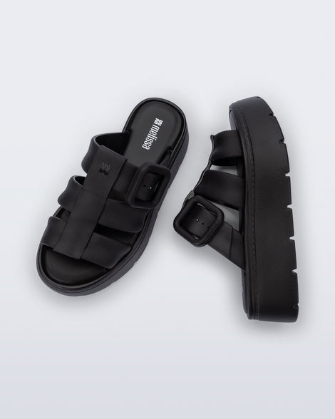 Top and side view of a pair of black Pump Platform sandals