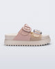 Side view of a beige/pink Cozy Platform slide sandal with two buckle straps.