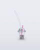 Front view of a clear drink charm with pink straw