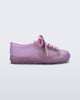 Side view of a glitter lilac kids Hip Sneaker with lilac laces