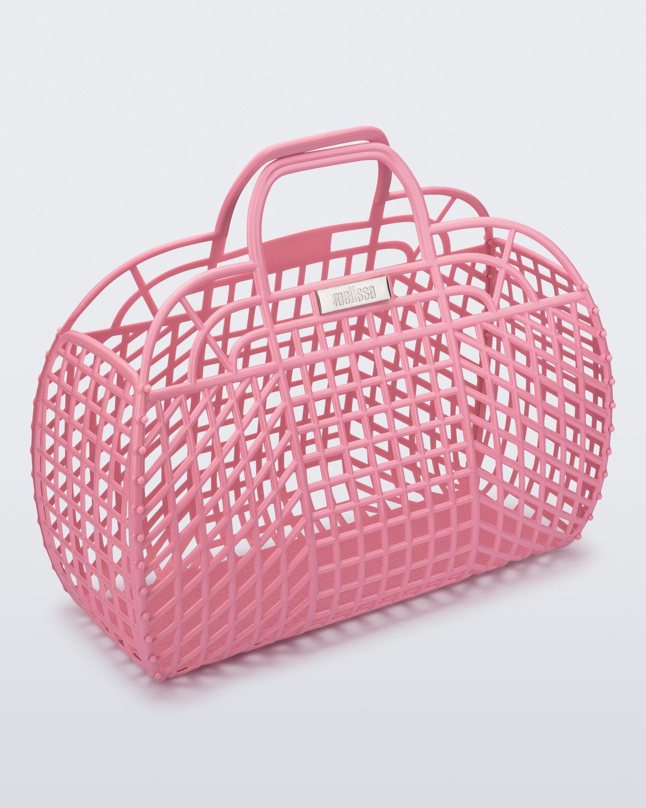 Angled view of a pink Refraction bag with handles