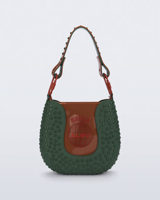 Back view of a dark green Nina Bag + Alexandre Pavao shoulder bag with brown accents