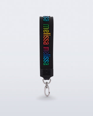 Front view of a black M Lover Charm with the Melissa logo in rainbow colors