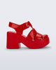 Side view of a red Lulu platform heel fisherman sandal