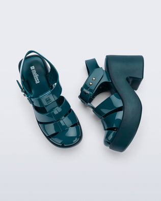 Top and side view of a pair of blue Lulu platform heel fisherman sandals