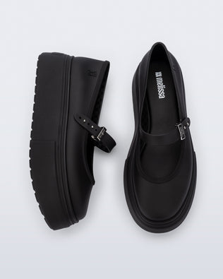 top and side view of a pair of black Soft Ballerina Platform flats