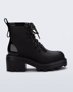 Side view of a black Track Boot with small heel and black laces