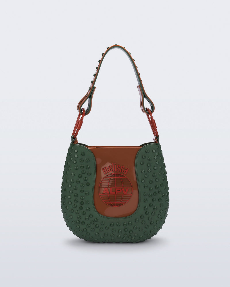 Front view of a dark green Nina Bag + Alexandre Pavao shoulder bag with brown accents