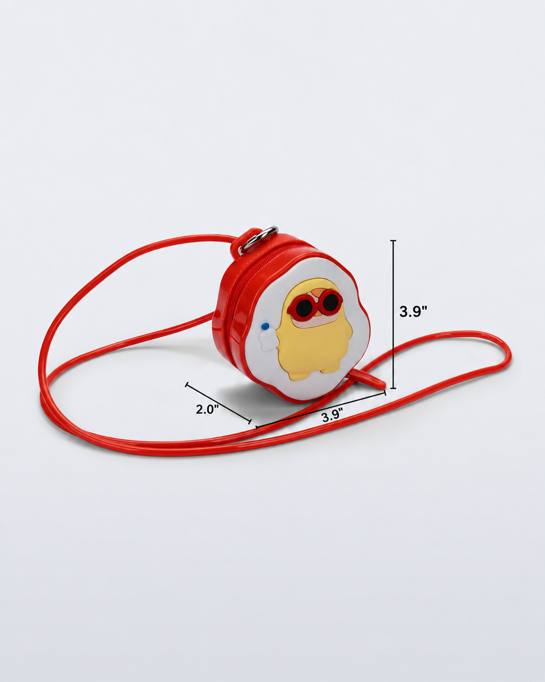 Angled view of a red Bag + Pop Mart Pucky small bag with short strap with bag measurements of 3.9in x 2 in x 3.9in