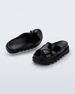 Top and angled view of a pair of black Cozy Cross platform sandals with crisscross top straps