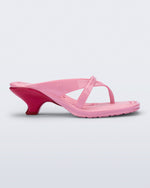 Side view of a pink Layla kitten heel flip flop