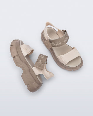 Top and side view of a pair of beige Pulse platform sandals with greige top strap