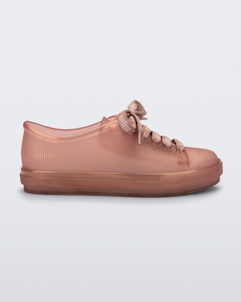 Side view of a pearly brown Hip M Lover kids sneaker with laces.