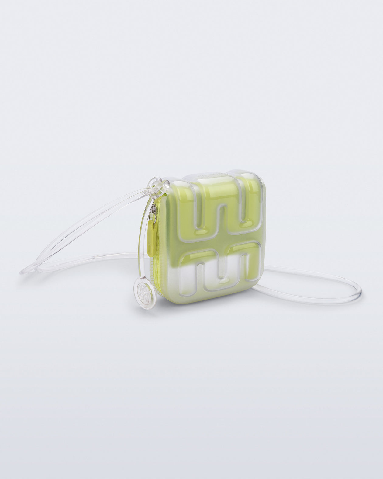 Front view of a clear Jelly Wallet with green inside pocket and zipper