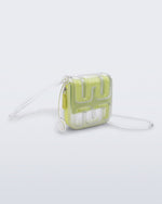 Front view of a clear Jelly Wallet with green inside pocket and zipper