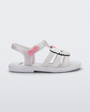 Side and top view of a pair of white Hip + Hello Kitty and Friends sandals Hello Kitty on upper