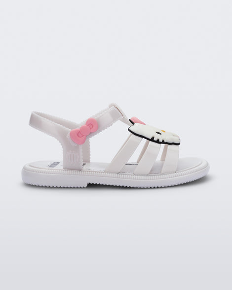 Side and top view of a pair of white Hip + Hello Kitty and Friends sandals Hello Kitty on upper