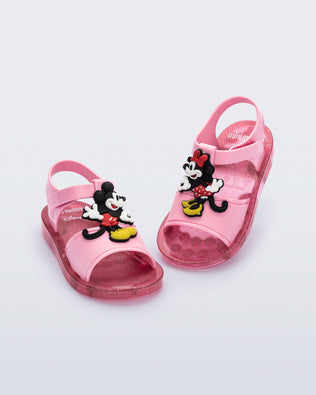 Angled view of a pair of pink  Play Mickey & Minnie sandals