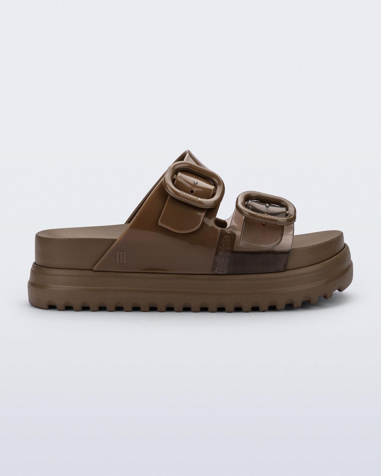 Side view of a brown Cozy Platform kids slide with two straps with buckles, one clear brown