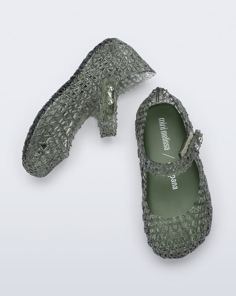 Side and top view of a pair of glitter green Campana baby flats