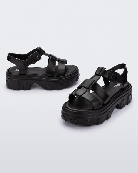 Side and front view of a pair of black Ella women's platform sandals