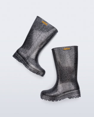 Side view of a black glitter Welly rainboot