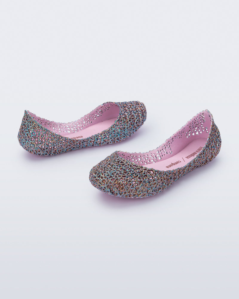 Angled view of a pair of pink multicolor glitter Campana kids flats