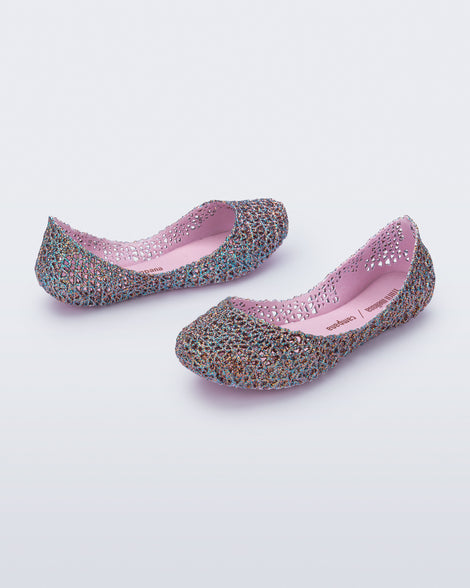 Angled view of a pair of pink multicolor glitter Campana kids flats