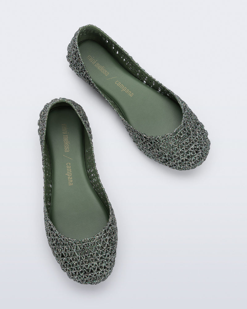 Top view of a pair of glitter green Campana kids flats