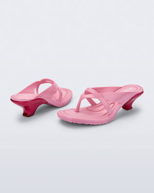 Back and side view of a pair of pink Layla kitten heel flip flops