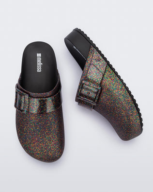 Side and top view of a mixed glitter/black Cozy Clog
